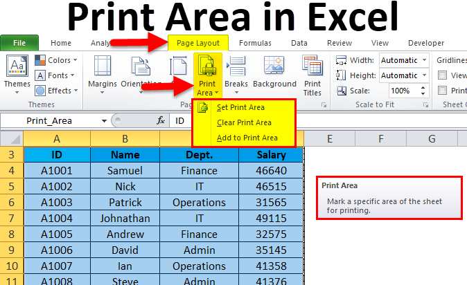 where is set print area in excel for mac